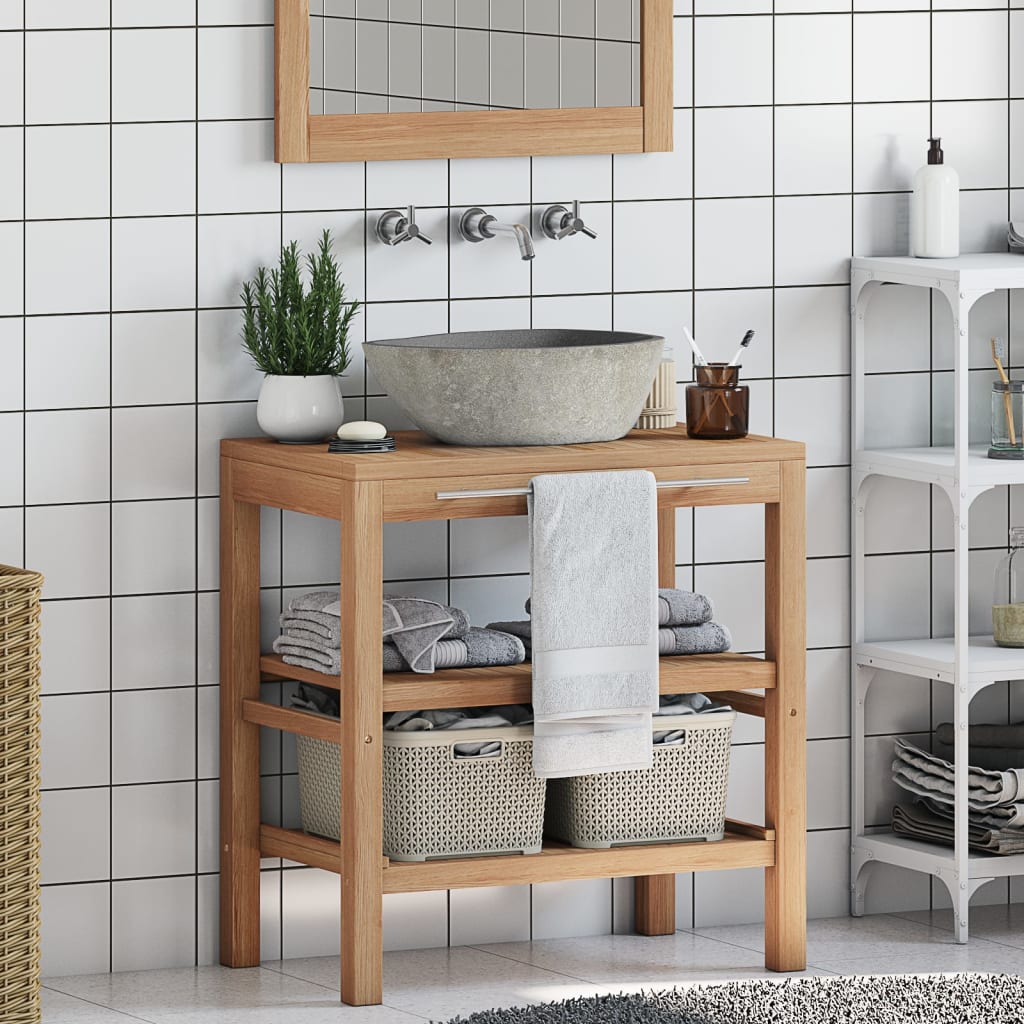 Mueble tocador madera teca maciza con lavabo de piedra de río