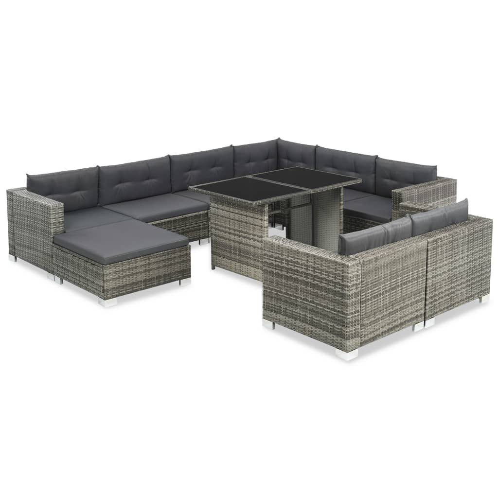 Vetonek Set de muebles de jardín 10 pzas y cojines ratán sintético gris