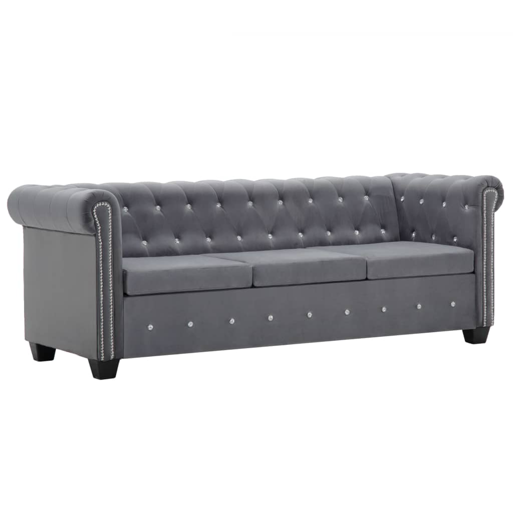 Vetonek Sofá chesterfield de 3 plazas de terciopelo 199x75x72 cm gris