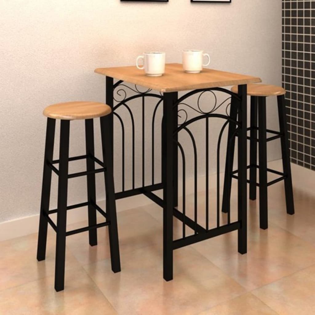 Vetonek Set de mesa y taburete de bar 3 piezas madera maciza y acero