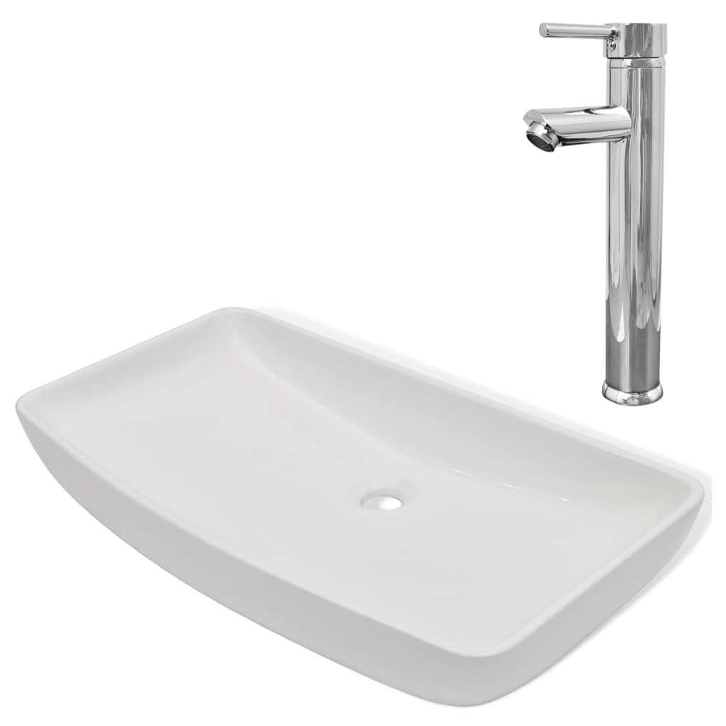 Lavabo de baño rectangular con grifo mezclador cerámica blanco vidaXL