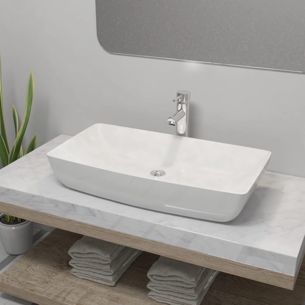 Vetonek Lavabo de baño rectangular con grifo mezclador cerámica blanco