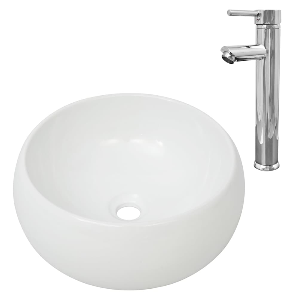 Lavabo de baño redondo con grifo mezclador cerámica blanco vidaXL