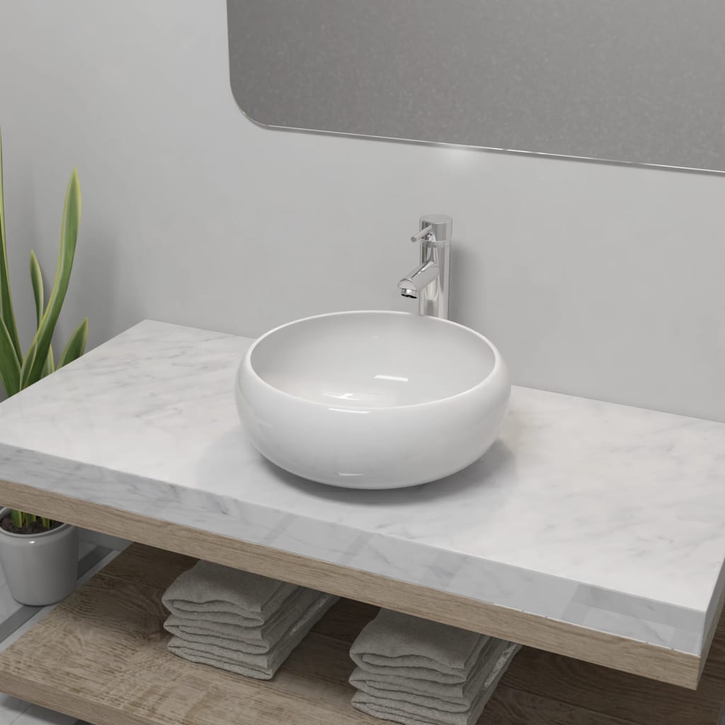 Lavabo de baño redondo con grifo mezclador cerámica blanco