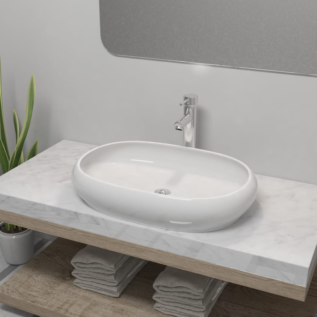 Vetonek Lavabo de baño ovalado con grifo mezclador cerámica blanco