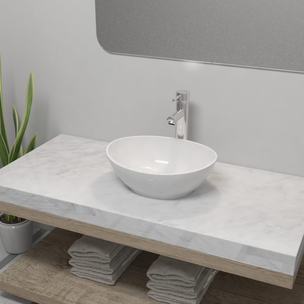 Vetonek Lavabo de baño con grifo mezclador cerámica ovalado blanco