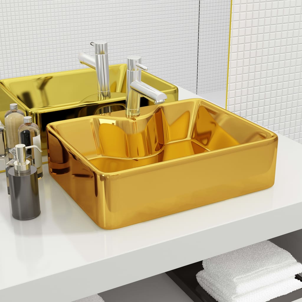 Vetonek Lavabo con orificio para grifo 48x37x13,5 cm cerámica dorado