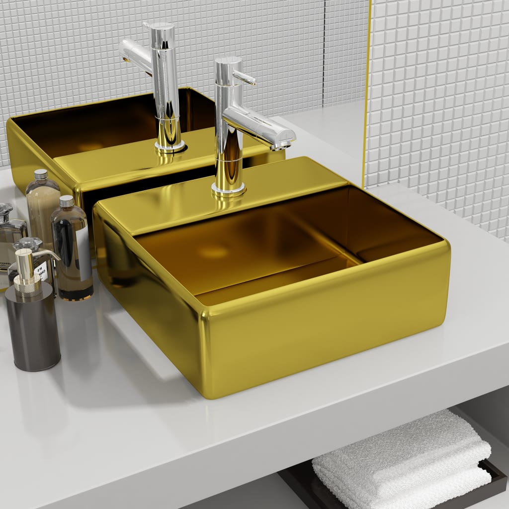 Vetonek Lavabo con orificio para grifo 38x30x11,5 cm cerámica dorado