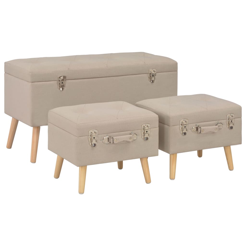 Vetonek Taburetes de almacenamiento 3 piezas beige de tela