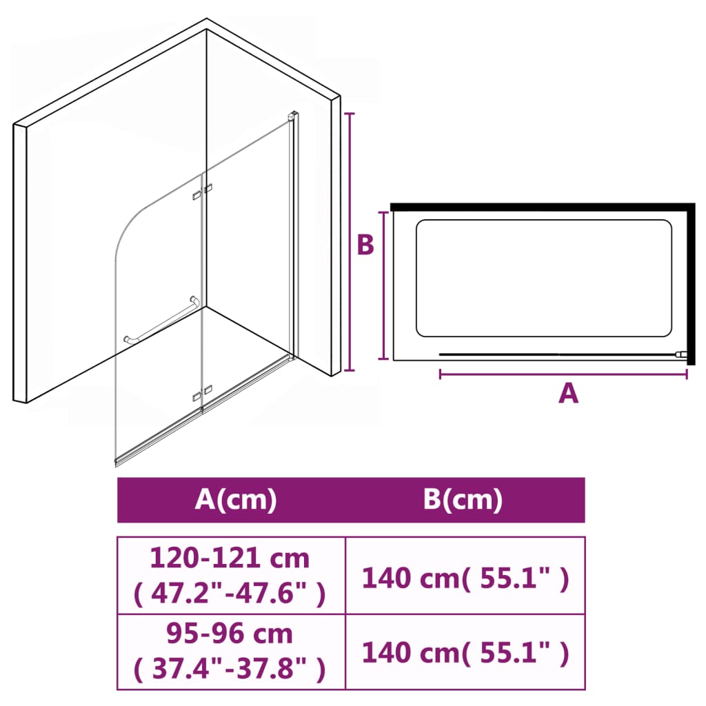 Mampara de ducha plegable 2 paneles ESG 120x140 cm vidaXL