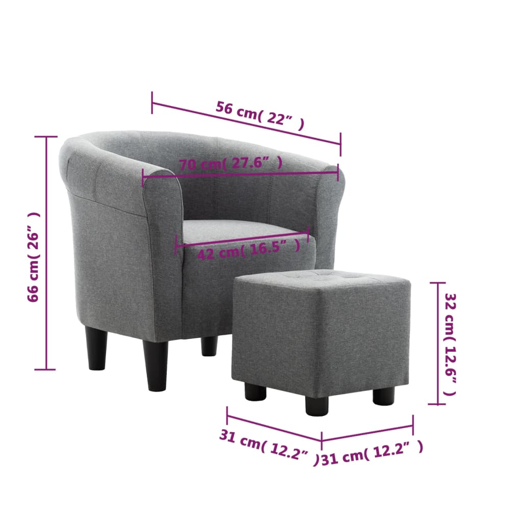 Set de sillón con taburete reposapiés 2 piezas tela gris claro vidaXL