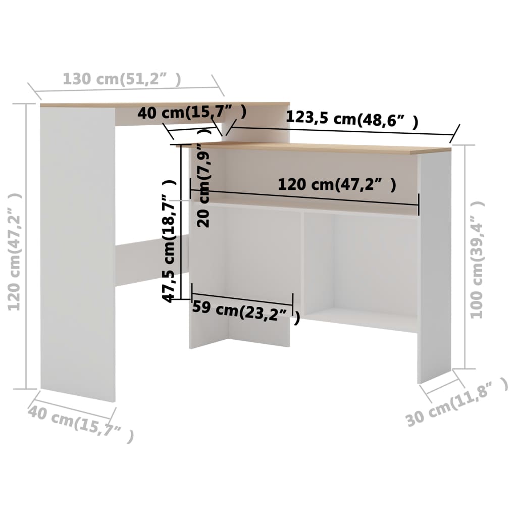 Bar table haute avec 2 planches blanches et chêne 130x40x120 cm