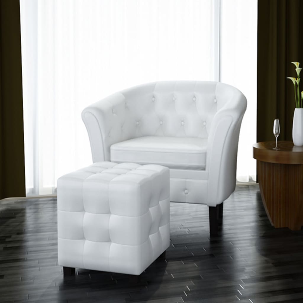 Vetonek Sillón con taburete cuero sintético blanco