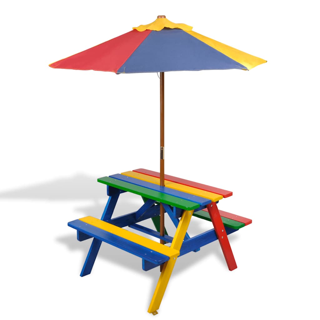 Vetonek Mesa de picnic y bancos de niños y sombrilla madera multicolor