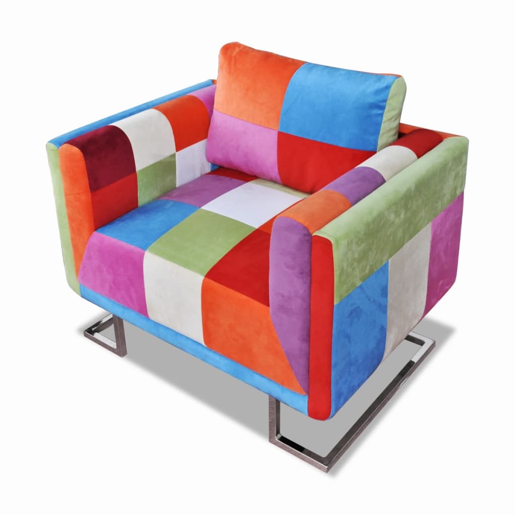 Vetonek Sillón cubo con diseño de retales tela Patchwork patas cromadas 