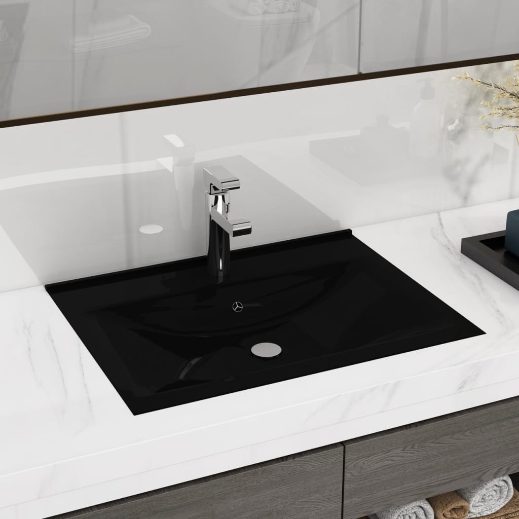 Vetonek Lavabo rectangular cerámica orificio de grifo negro 60x46 cm