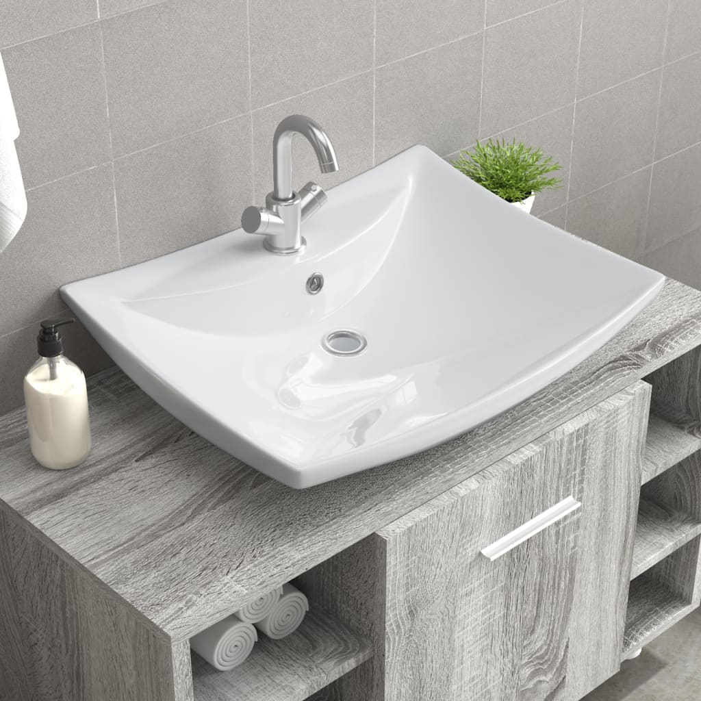 Vetonek Lavabo de cerámica rectangular con orificio de grifo y desagüe 