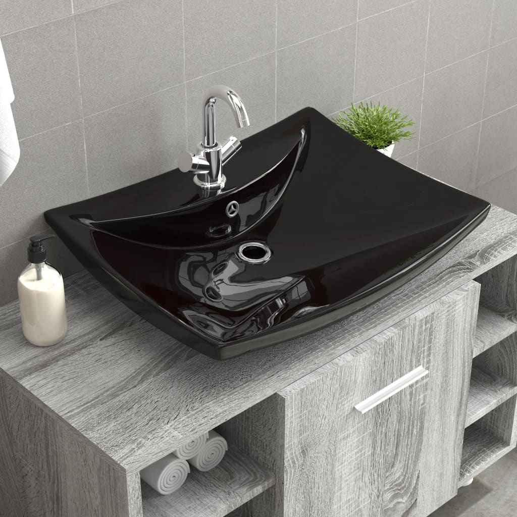 Vetonek Lavabo rectangular cerámica orificio de grifo y desagüe negro 