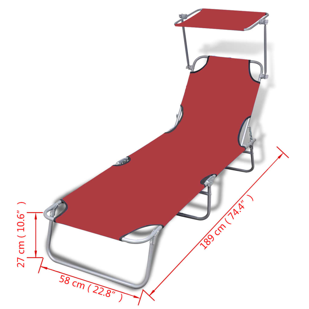 Tumbona plegable con capota acero y tela roja vidaXL