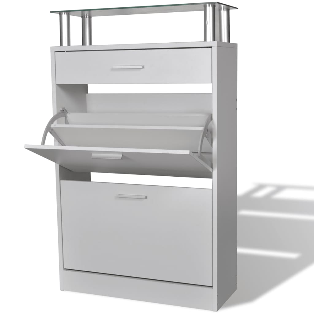 Vetonek Mueble zapatero con cajón y estante superior de vidrio blanco