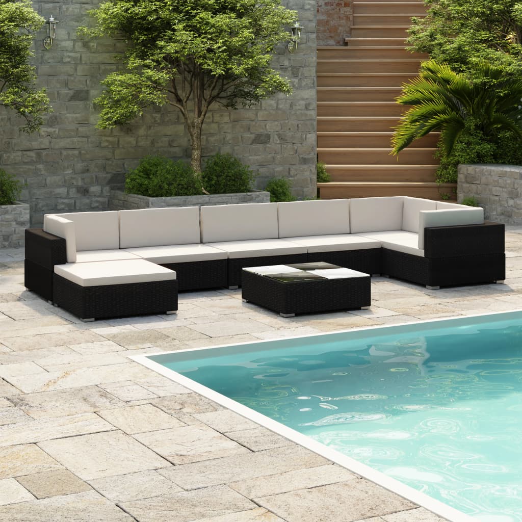 Vetonek Set muebles de jardín 8 piezas y cojines ratán sintético negro