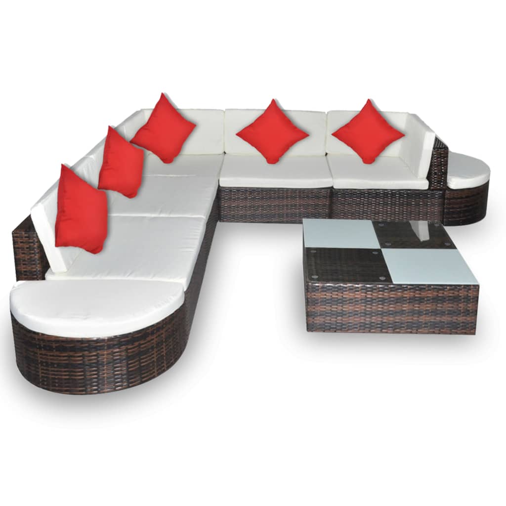 Set muebles de jardín 8 piezas y cojines ratán sintético marrón