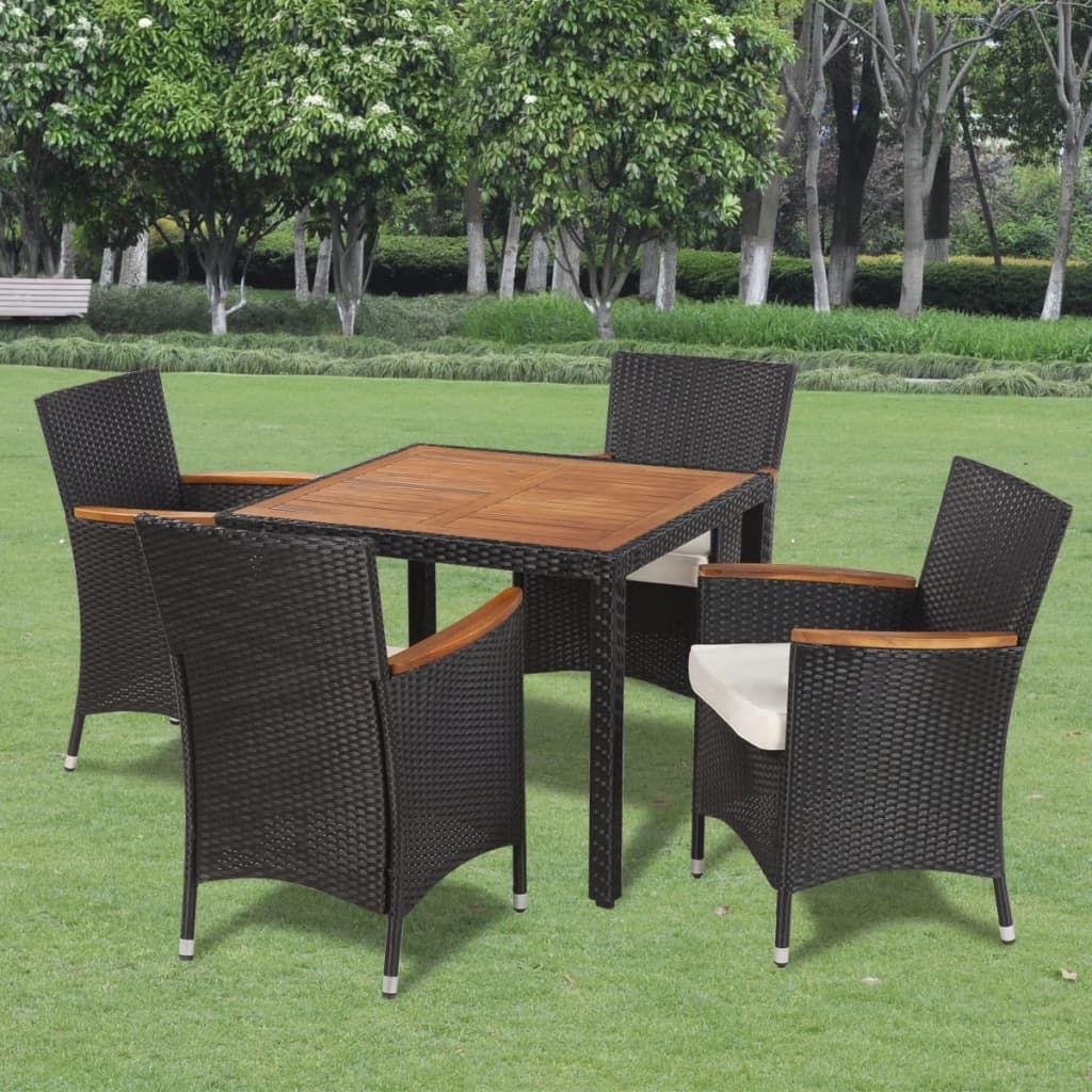 Vetonek Set comedor de jardín 5 piezas y cojines ratán sintético negro