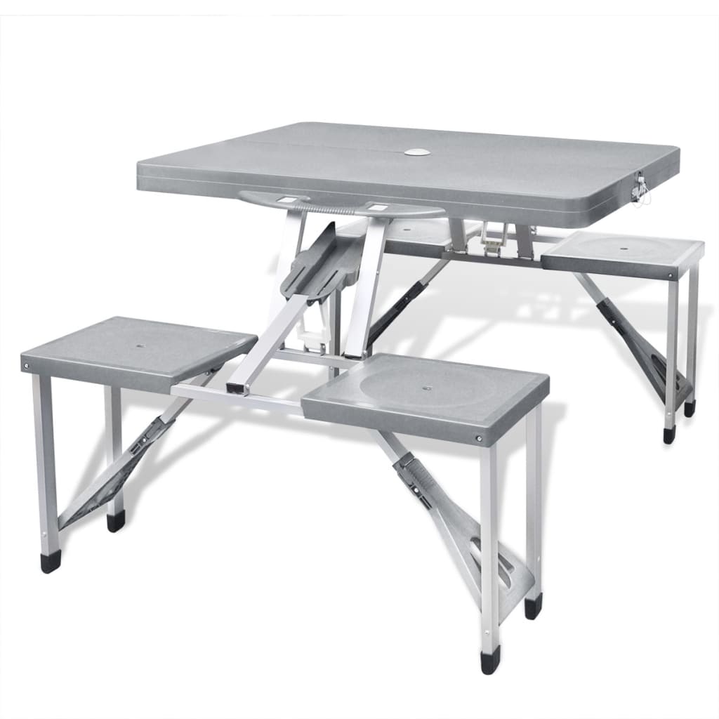 Vetonek Set mesa plegable de camping y 4 taburetes aluminio gris claro