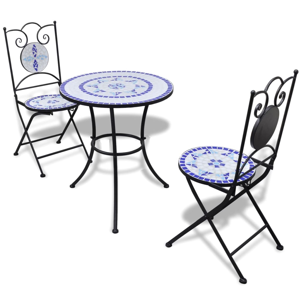 Vetonek Set de mesa y sillas de jardín 3 pzas con mosaico azul y blanco