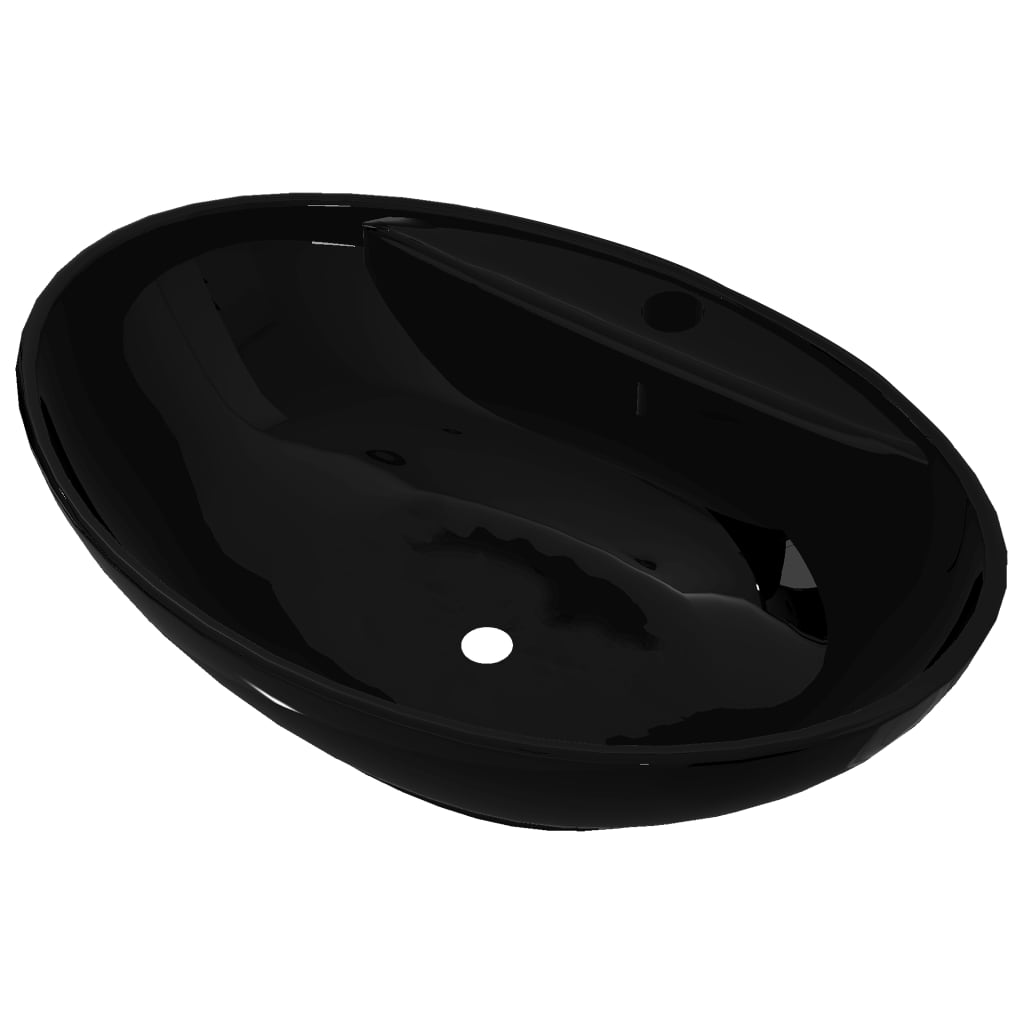 Lavabo de cerámica con agujero para grifo/desagüe negro ovalado