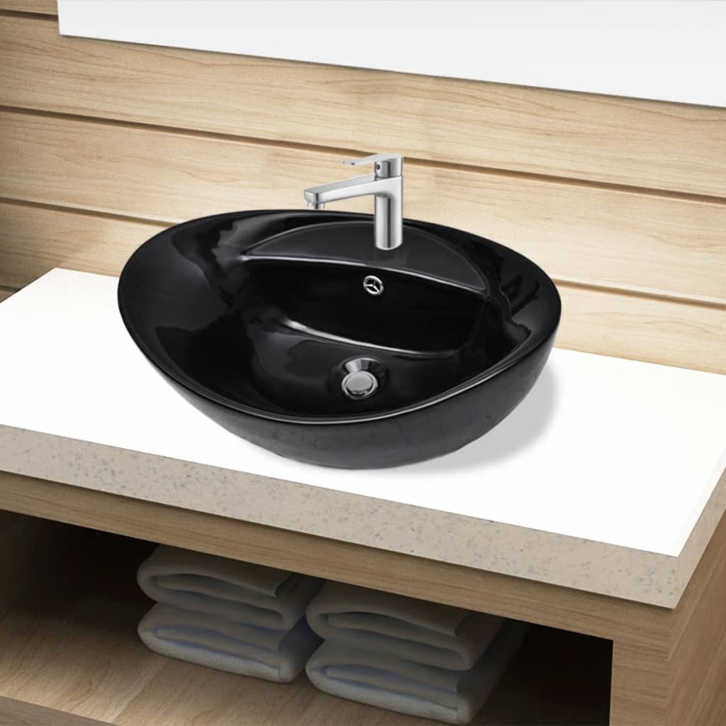 Lavabo de cerámica con agujero para grifo/desagüe negro ovalado