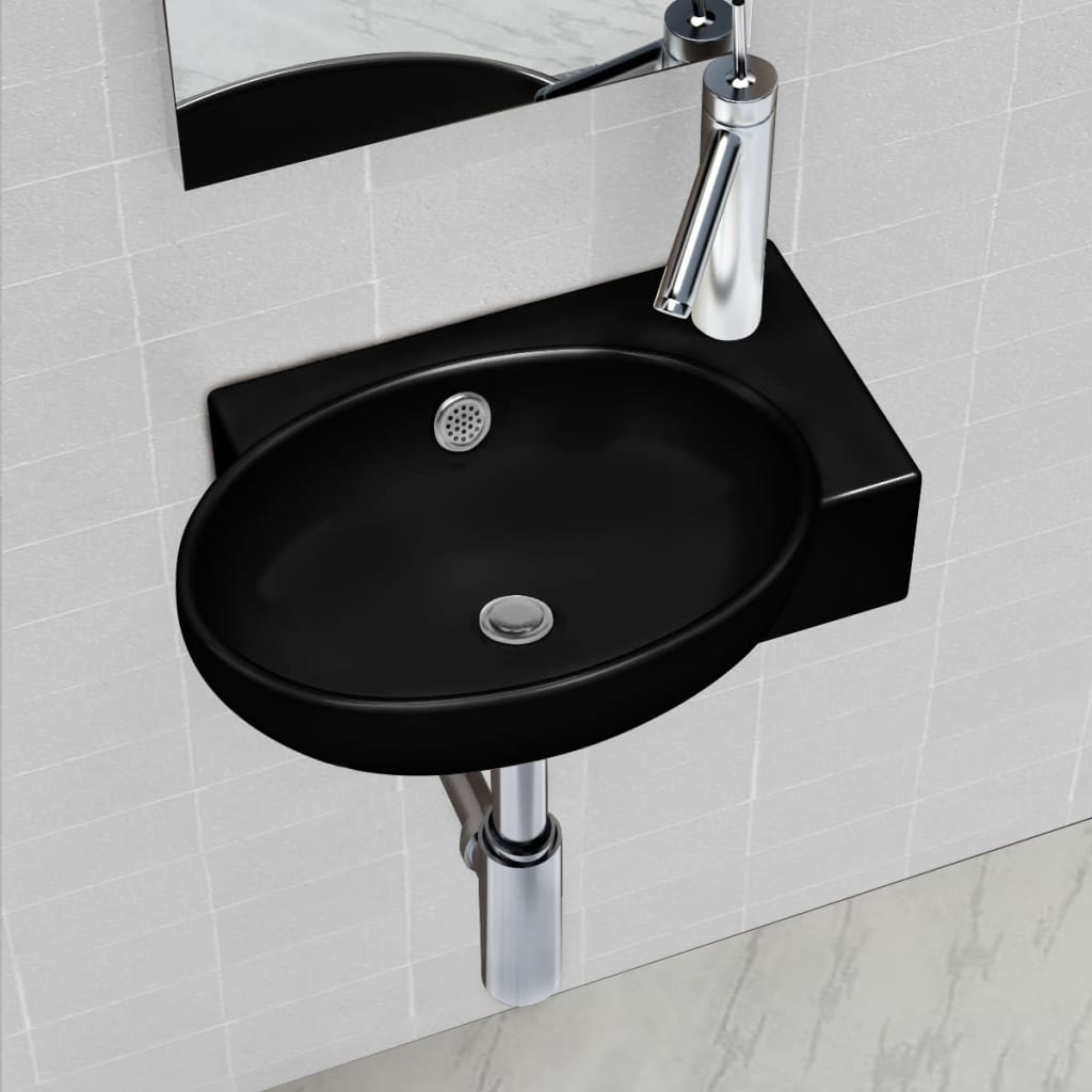 Vetonek Lavabo redondo de cerámica con orificio de grifo/desagüe negro