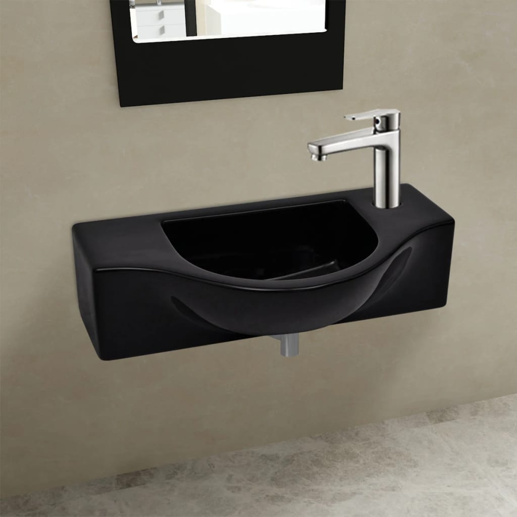 Vetonek Lavabo de cerámica con orificio de grifo/desagüe negro