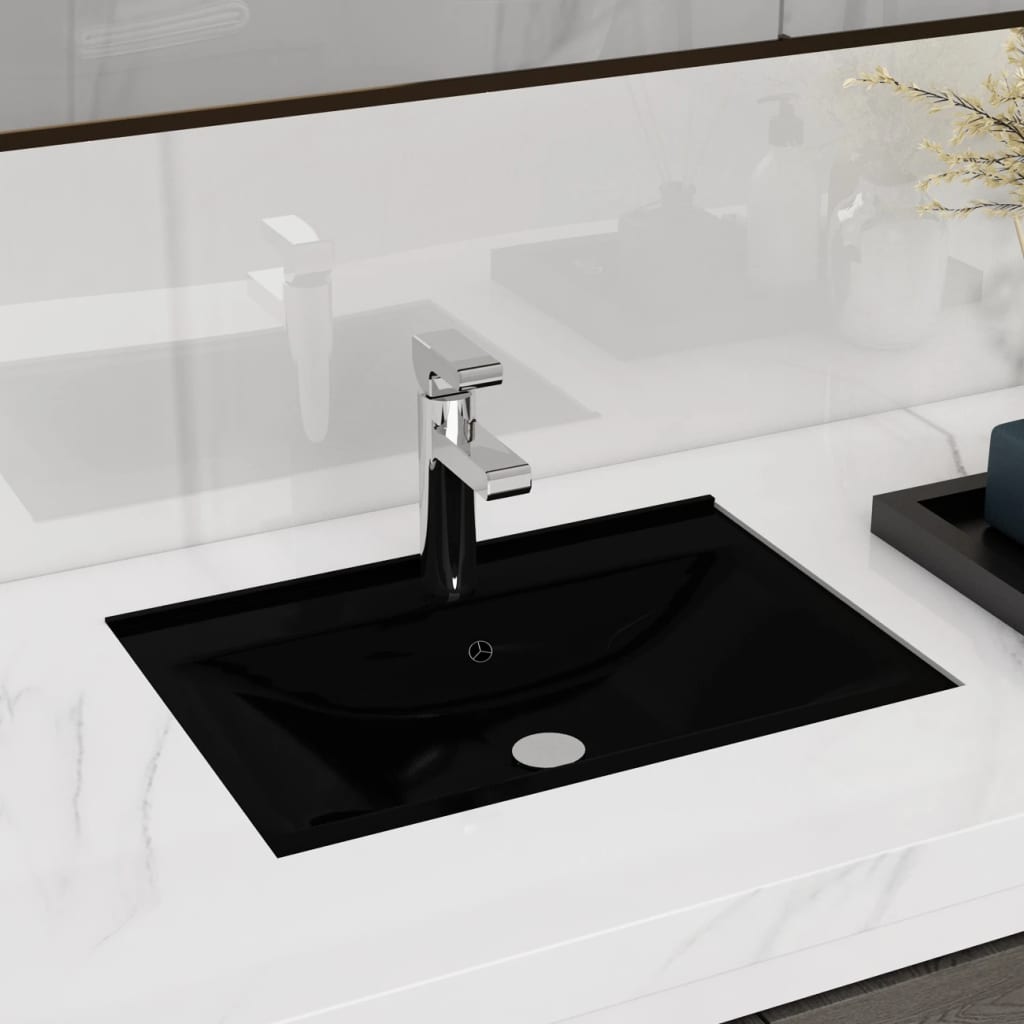 Lavabo rectangular de cerámica hueco de grifo/desagüe negro vidaXL