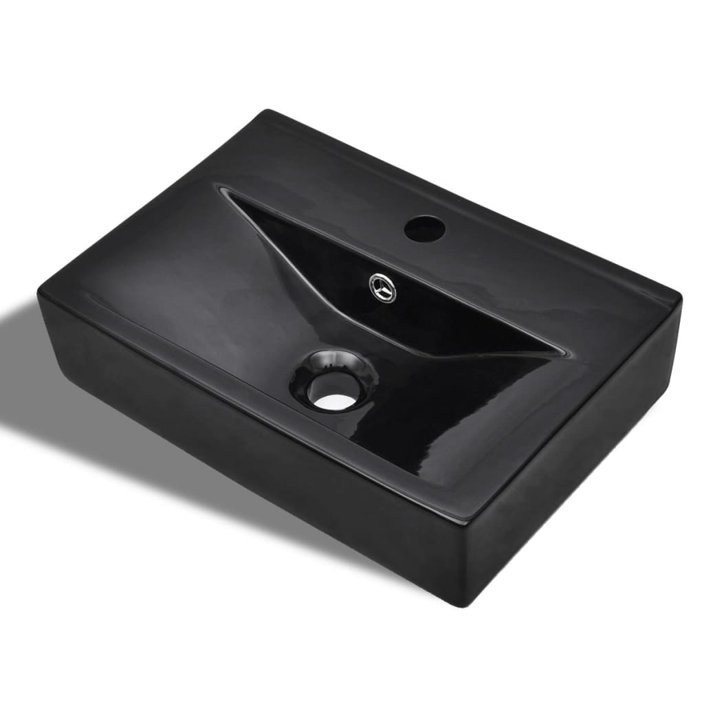 Vetonek Lavabo rectangular de cerámica hueco de grifo/desagüe negro