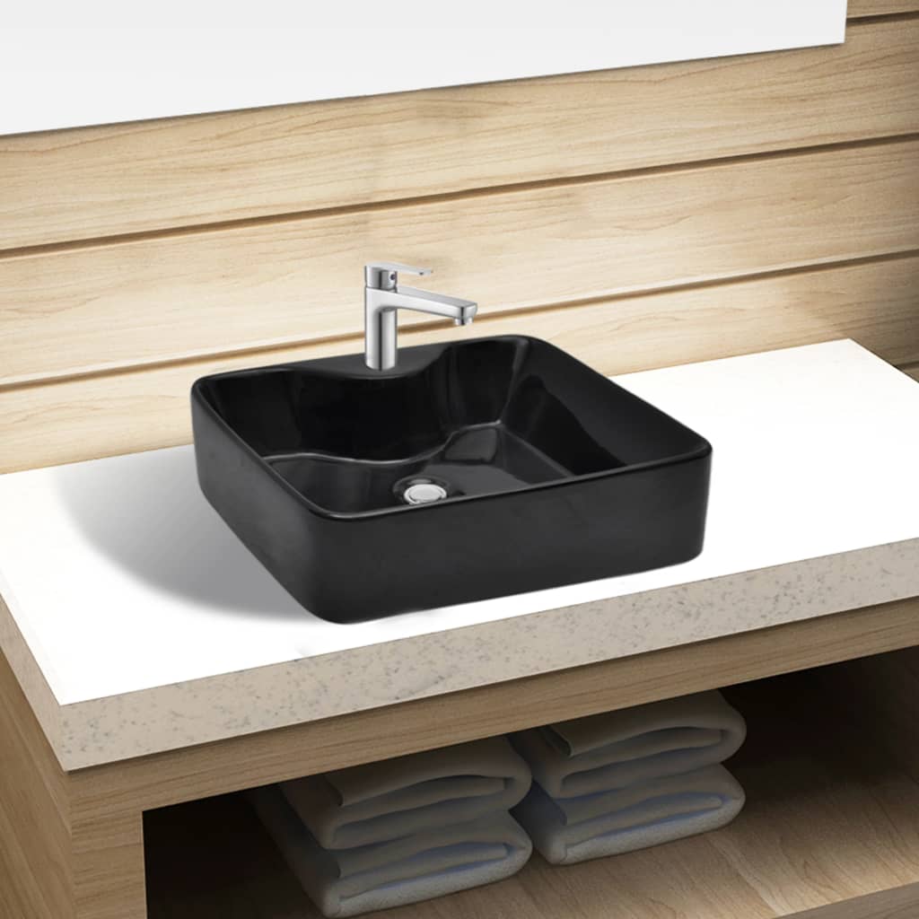 Lavabo de cerámica cuadrado con orificio de grifo/desagüe negro