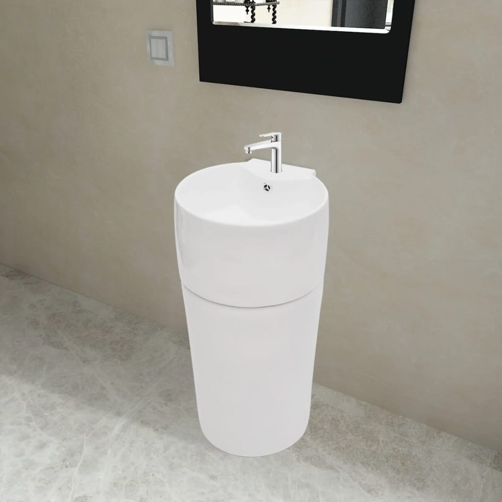 Vetonek Lavabo de pie redondo de cerámica hueco de grifo/desagüe blanco