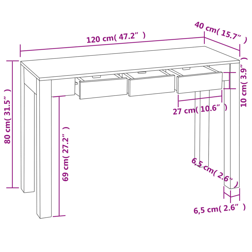 Mesa consola con 3 cajones madera maciza Sheesham 80 cm vidaXL