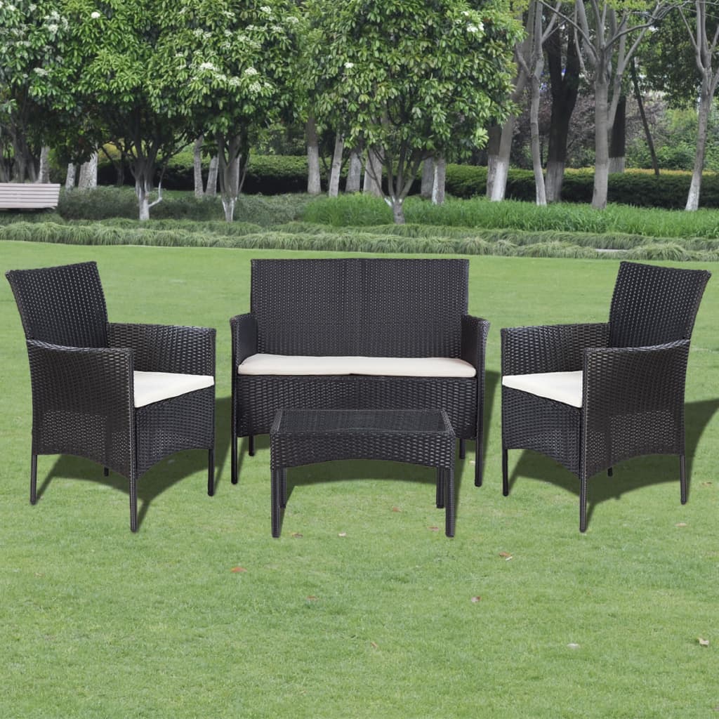 Vetonek Set de muebles de jardín 4 pzas y cojines ratán sintético negro