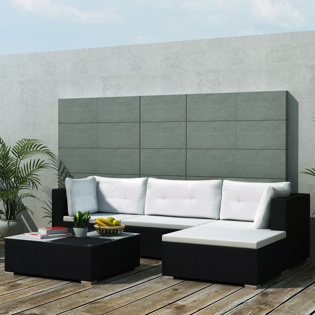 Vetonek Set muebles de jardín 5 piezas y cojines ratán sintético negro