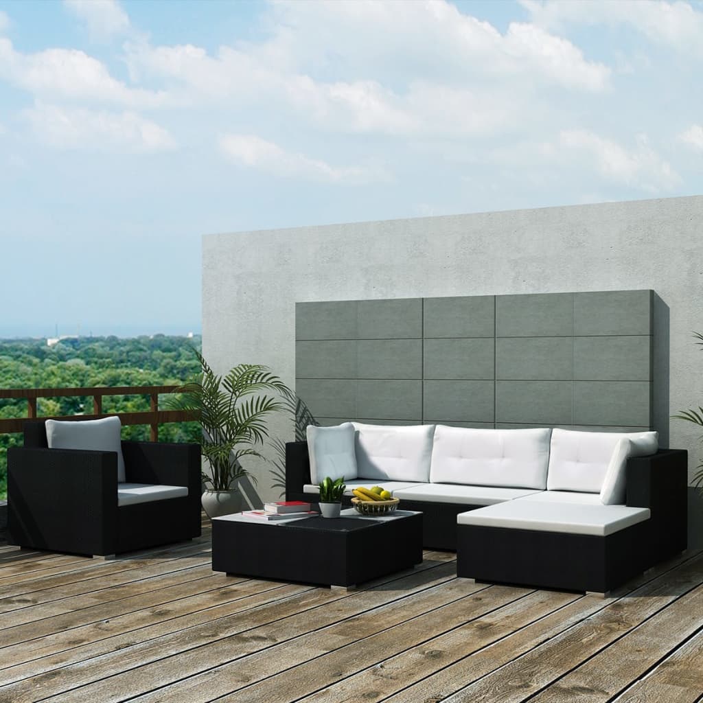 Vetonek Set muebles de jardín 6 piezas y cojines ratán sintético negro