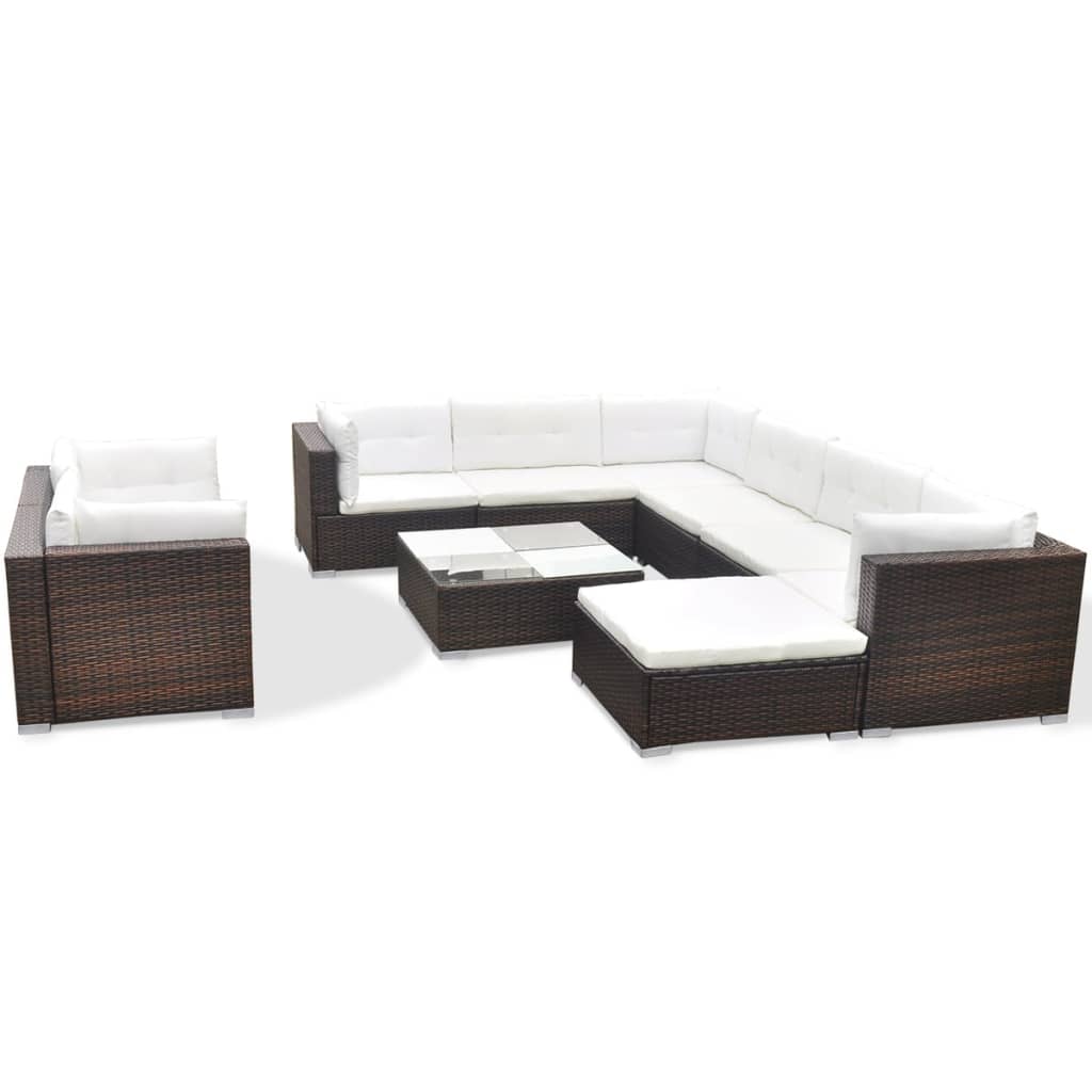 Set muebles de jardín 10 pzas y cojines ratán sintético marrón vidaXL