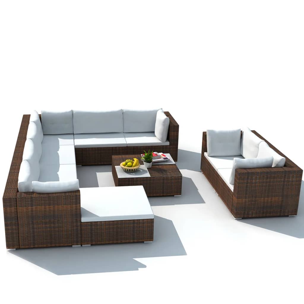 Set muebles de jardín 10 pzas y cojines ratán sintético marrón - Vetonek