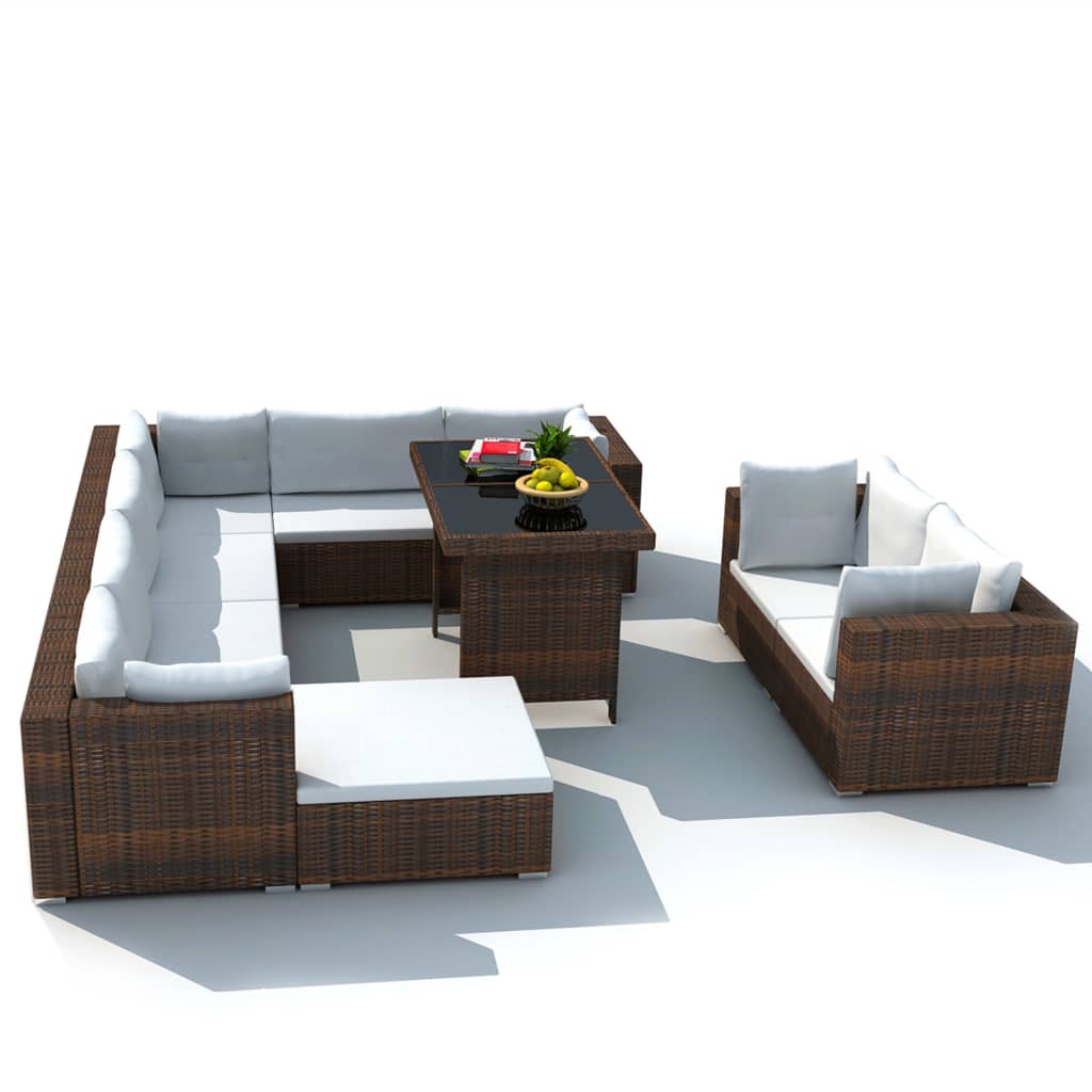 Set muebles de jardín 10 pzas y cojines ratán sintético marrón vidaXL