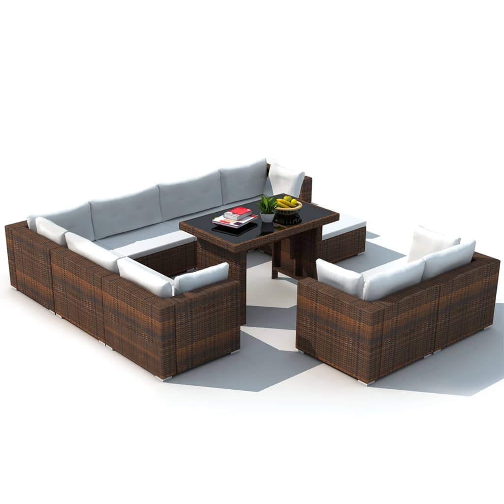 Set muebles de jardín 10 pzas y cojines ratán sintético marrón vidaXL