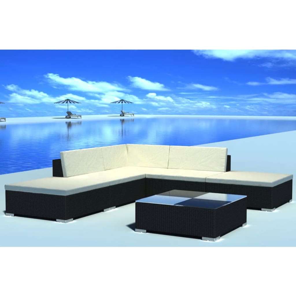 Vetonek Set muebles de jardín y cojines 6 piezas ratán sintético negro