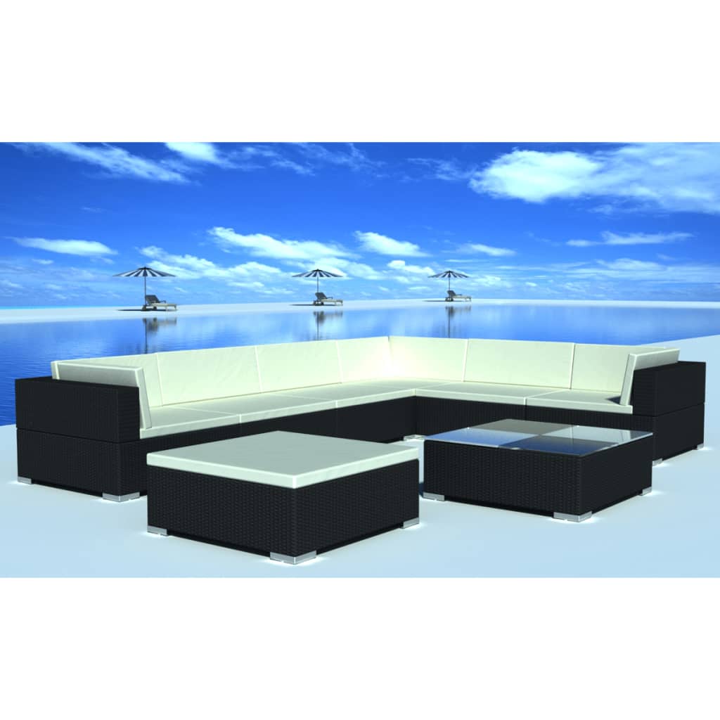 Vetonek Set muebles de jardín 8 piezas y cojines ratán sintético negro