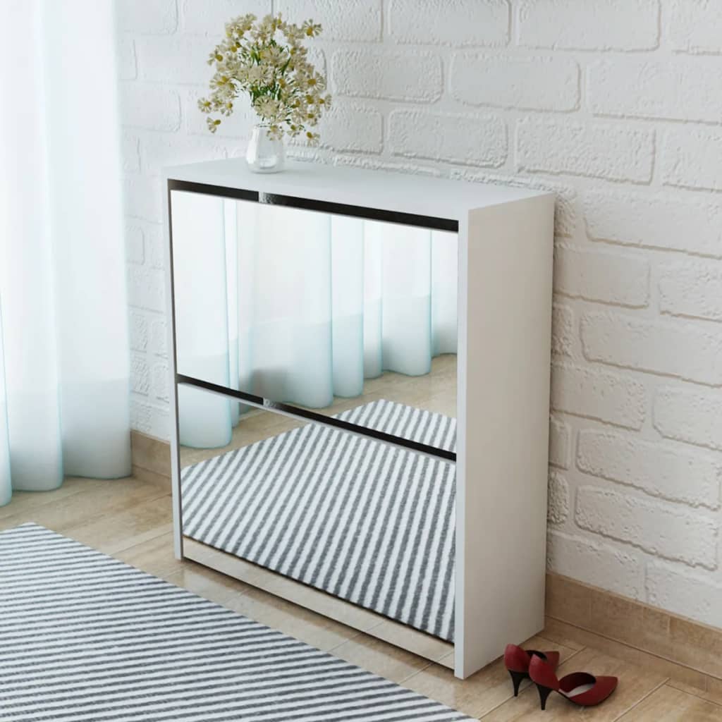 Vetonek Mueble zapatero 2 niveles y espejo blanco 63x17x67 cm