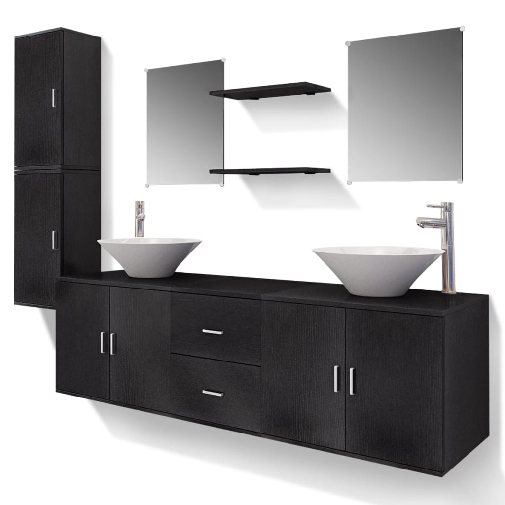 Vetonek Conjunto de muebles de baño con lavabo y grifo 11 piezas negro