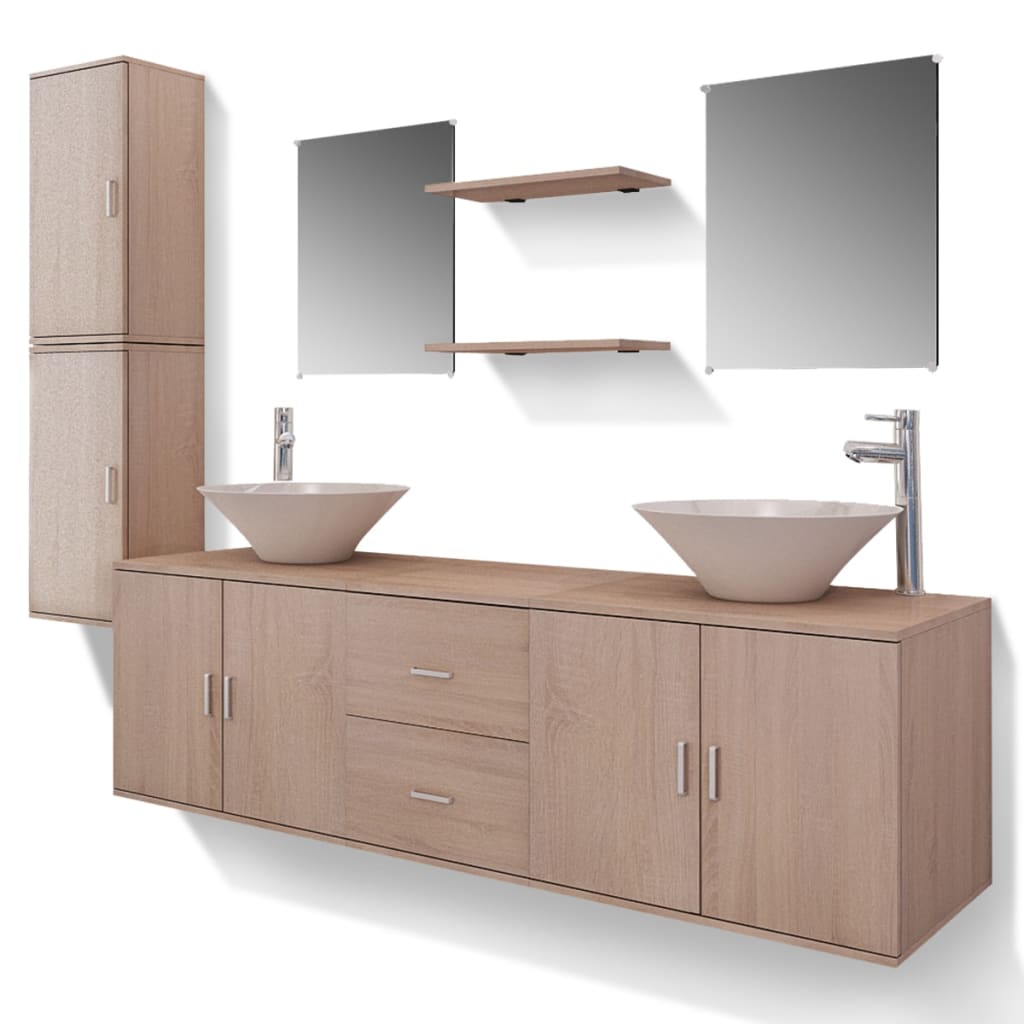 Vetonek Conjunto de muebles de baño con lavabo y grifo 11 piezas beige